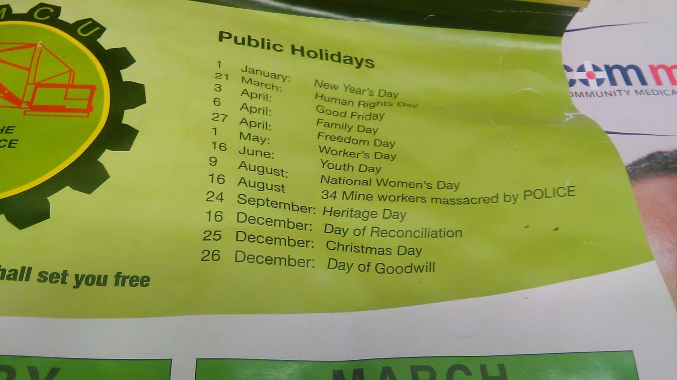 An AMCU (Association of Mineworkers and Construction Union) calendar in a shack in Freedom Park listing the annual Public Holidays.