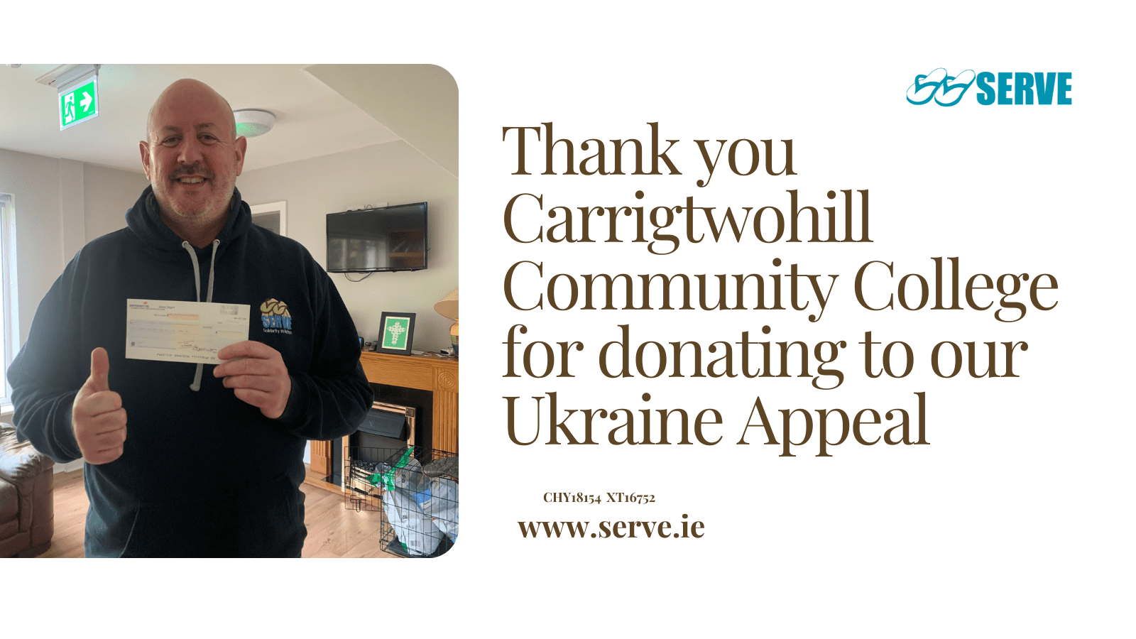 SERVE thanks Carrigtwohill Community College for generous donation to Ukraine appeal